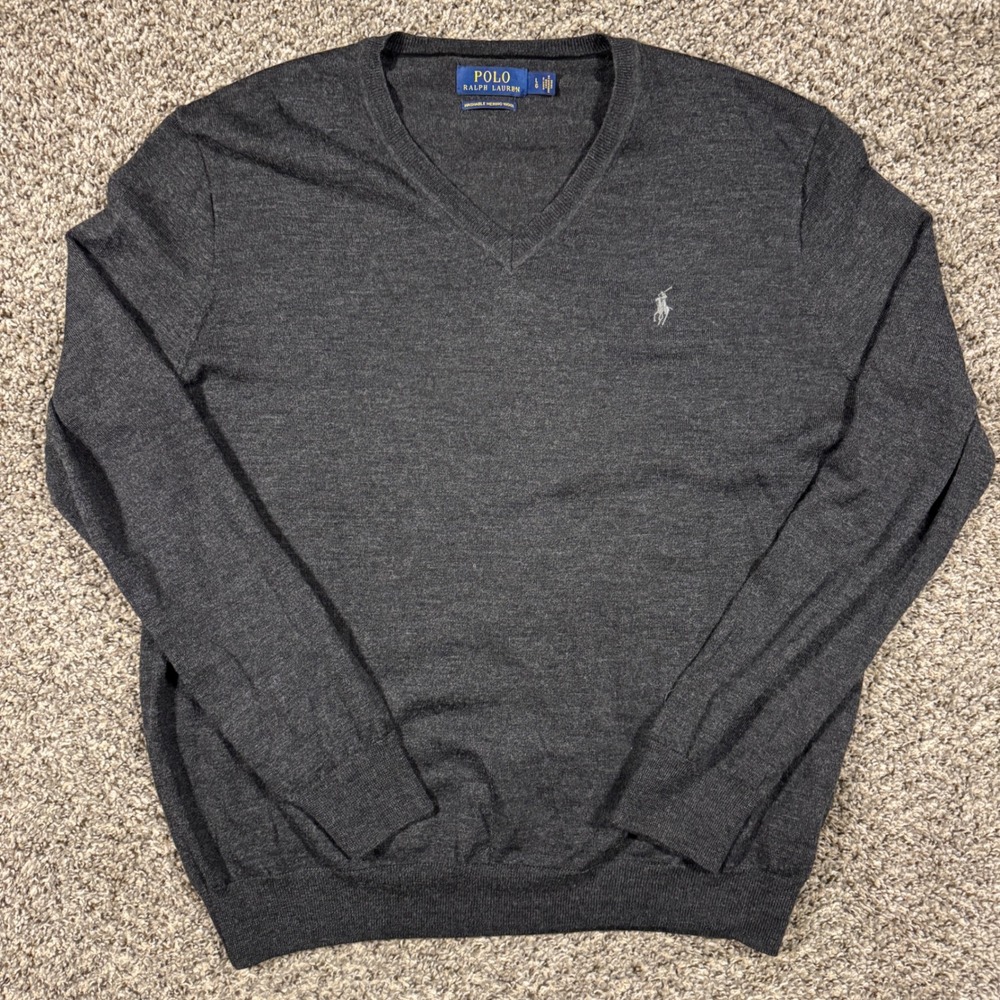 Polo Ralph Lauren Mens Gray Washable Merino Wool V-Neck Pullover Sweater Large